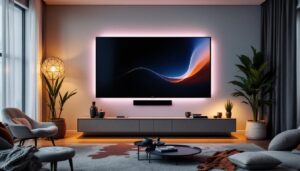 A photograph of a stylish living room showcasing a sleek led wall display