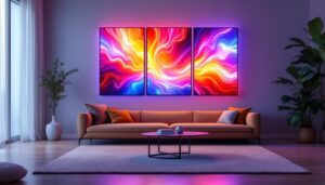 A photograph of a stylish living room featuring a three-panel led wall art display
