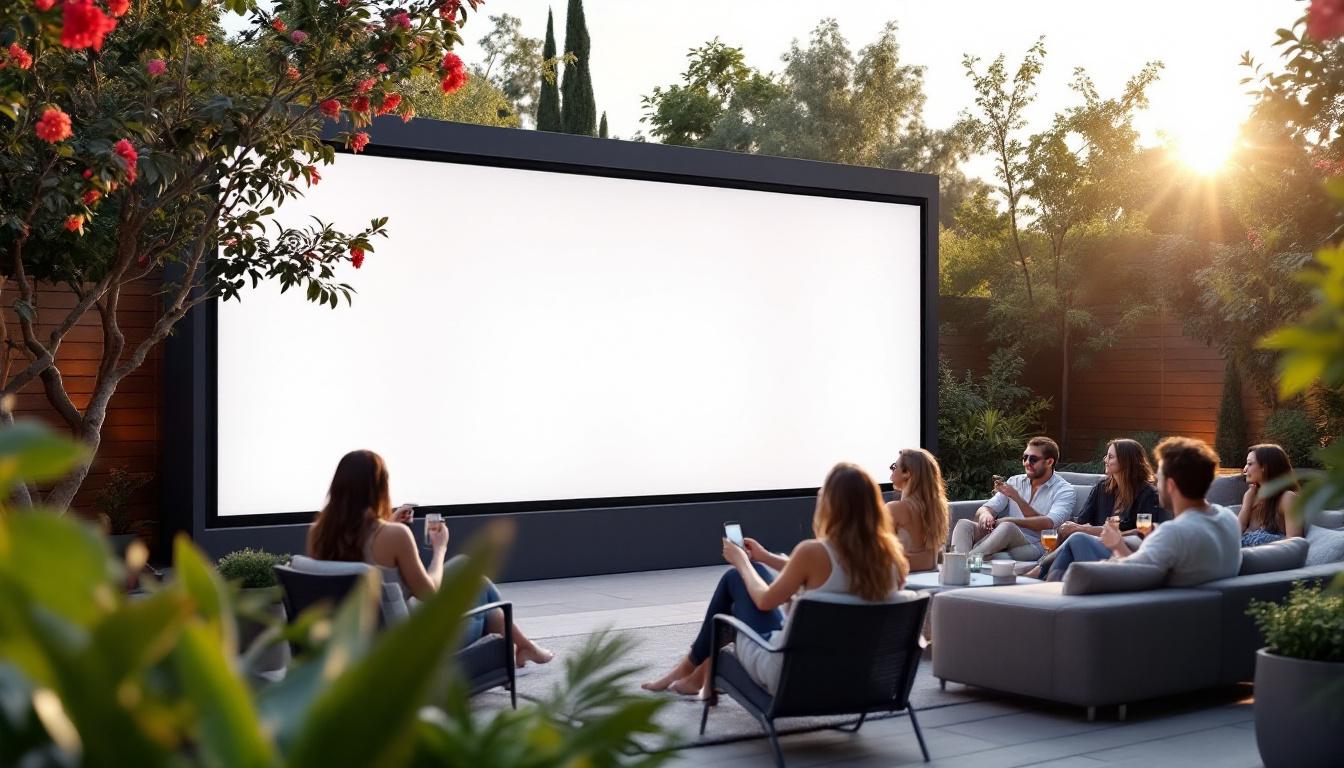 A photograph of a large outdoor privacy screen featuring an led display in a vibrant garden or patio setting