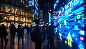 A photograph of a vibrant and engaging led display showcasing recycling messages or visuals in an urban setting