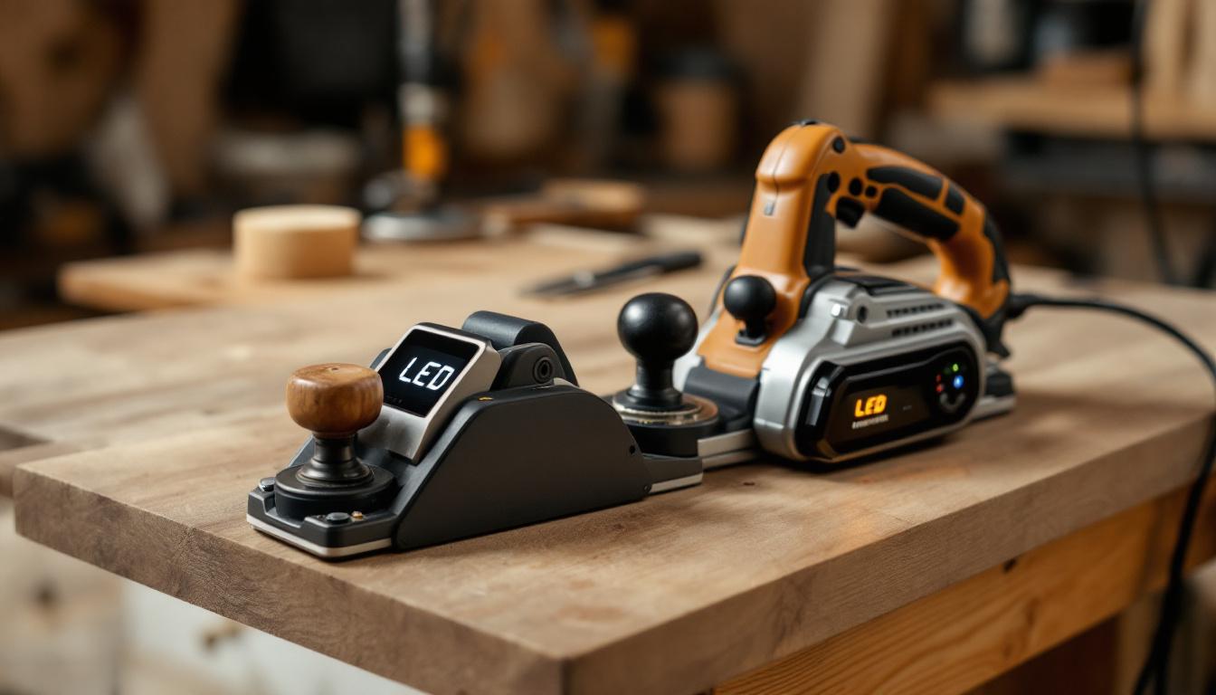 A photograph of a hand planer and an electric planer side by side on a wooden workbench