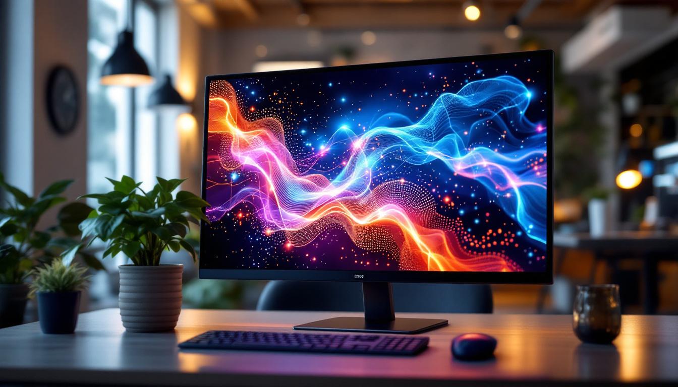 A photograph of a sleek 24-inch touch monitor displaying vibrant led graphics in a modern workspace