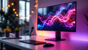 A photograph of a sleek diagonal monitor displaying vibrant led graphics in a modern workspace setting