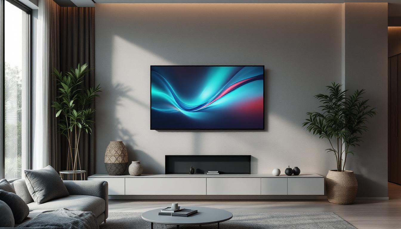 A photograph of a modern living room featuring a sleek led wall-mounted tv