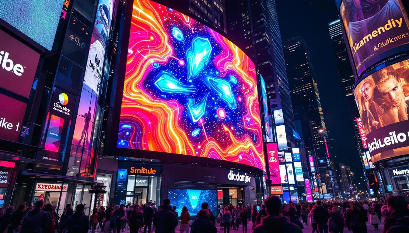A photograph of a vibrant led display in a bustling urban setting at night