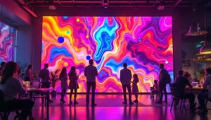 A photograph of a vibrant led display in a dynamic setting