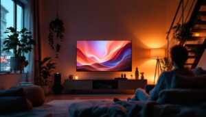 A photograph of a cozy living room setup featuring a large led tv