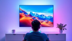 A photograph of a person connecting a laptop or mobile device to a large led tv