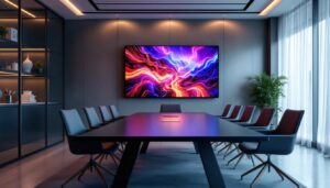 A photograph of a modern boardroom featuring a sleek led display integrated into the decor