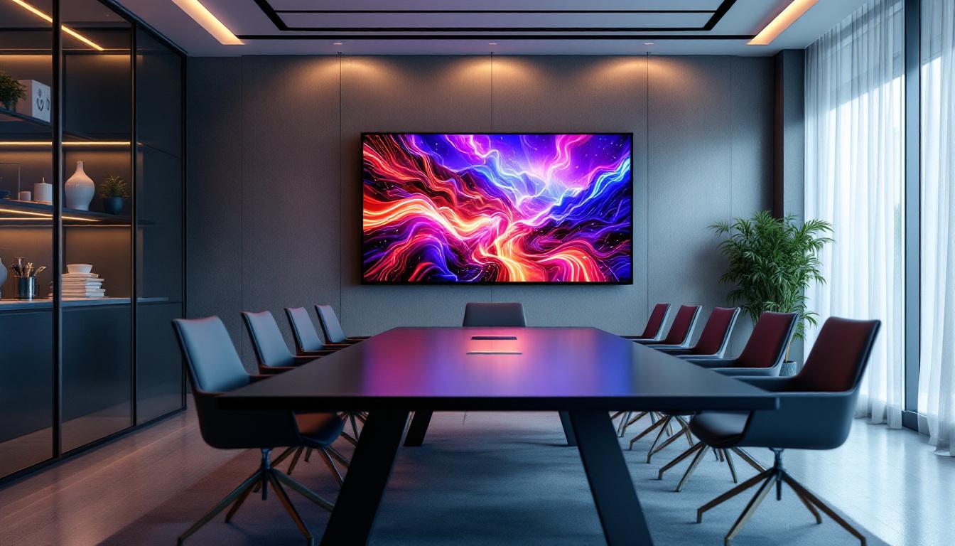 A photograph of a modern boardroom featuring a sleek led display integrated into the decor