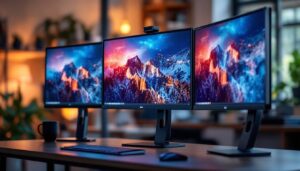 A photograph of capture a photograph of a sleek dell triple monitor stand in an office setting