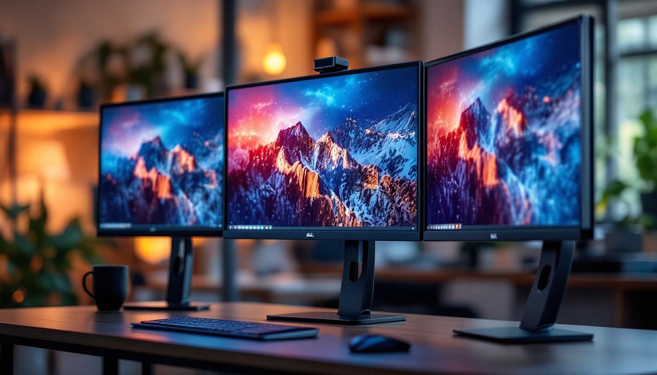 A photograph of capture a photograph of a sleek dell triple monitor stand in an office setting