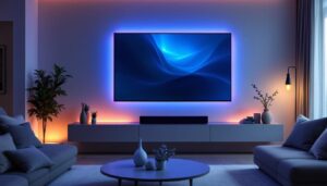 A photograph of a stylish living room featuring a large led tv mounted on the wall