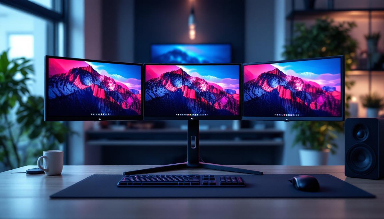A photograph of capture a photograph of a sleek triple monitor stand in a modern workspace