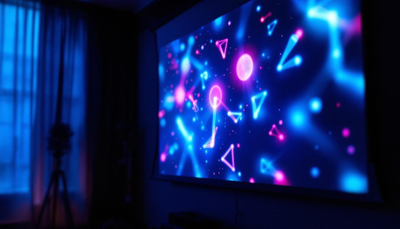 A photograph of a high-contrast projector screen in a dimly lit environment