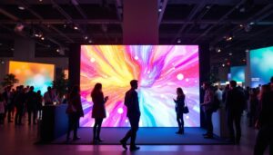 A photograph of capture a photograph of a 10x10 backdrop stand featuring a vibrant led display in use at an event