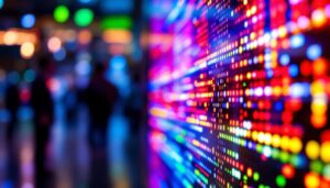 A photograph of a close-up shot of a vibrant led display screen showcasing vivid colors and dynamic content