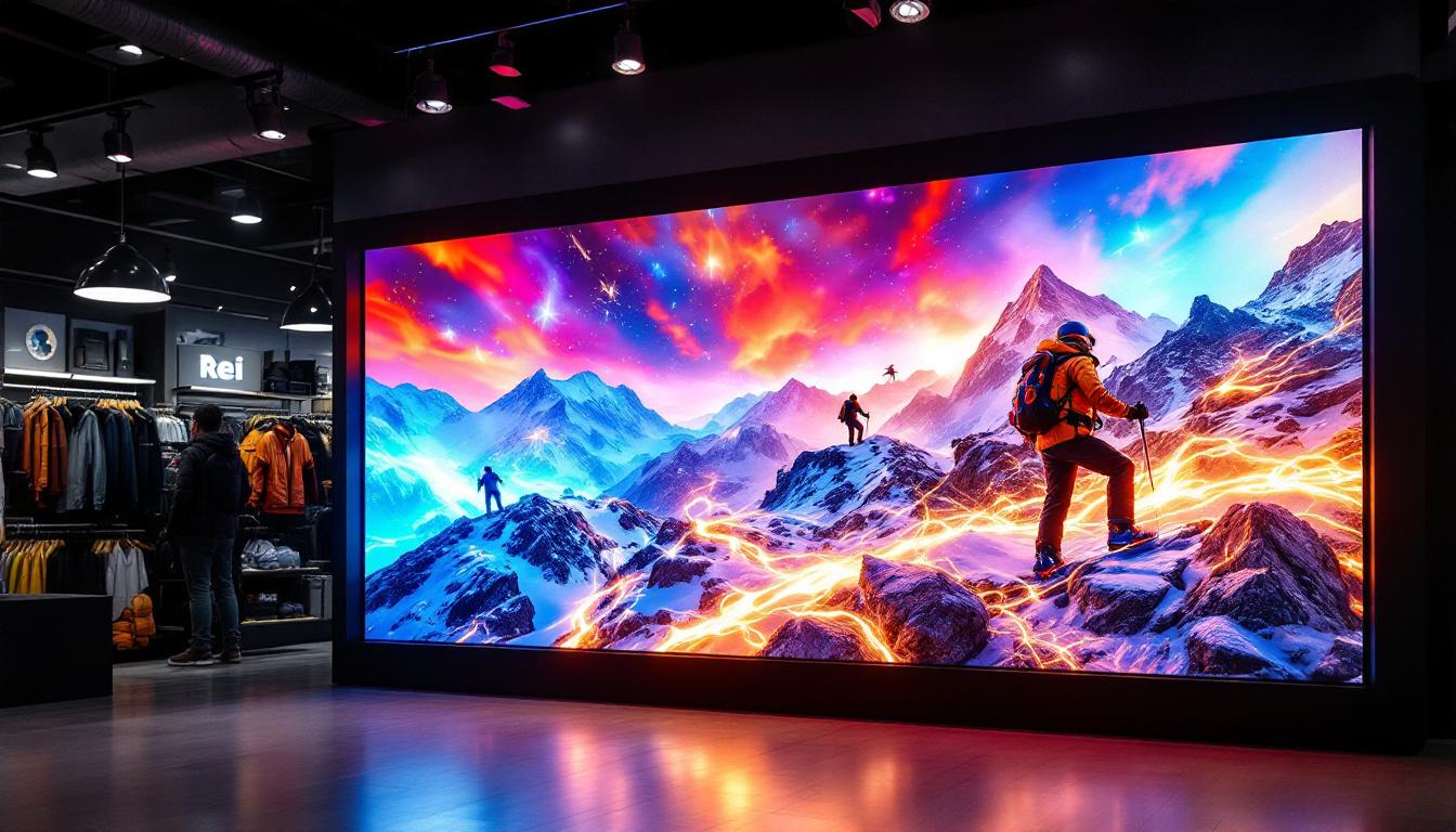 A photograph of a vibrant led display showcasing outdoor gear or apparel in an engaging retail environment