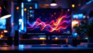 A photograph of a sleek led computer screen displaying vibrant colors and sharp graphics in a modern workspace