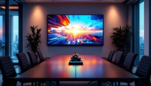 A photograph of a modern boardroom featuring a large led display in action