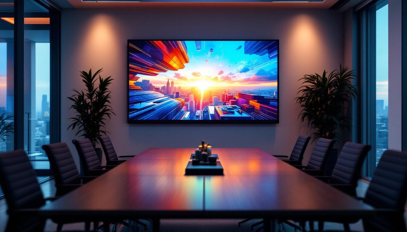 A photograph of a modern boardroom featuring a large led display in action