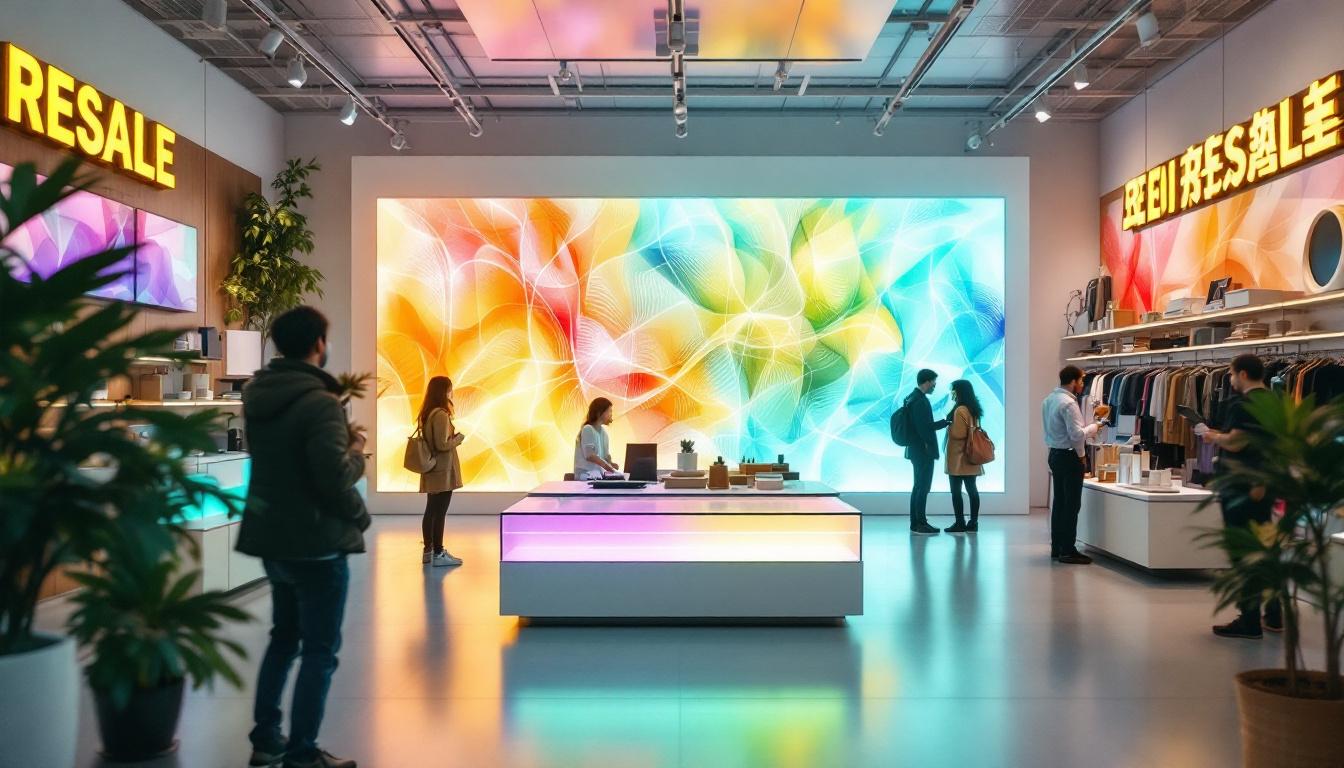 A photograph of a well-lit rei resale store interior showcasing an eye-catching led display