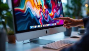 A photograph of a sleek mac touch monitor displaying vibrant colors and graphics