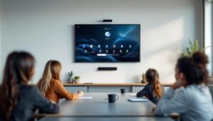 A photograph of a modern classroom setting featuring a smart touch screen tv prominently displayed on the wall