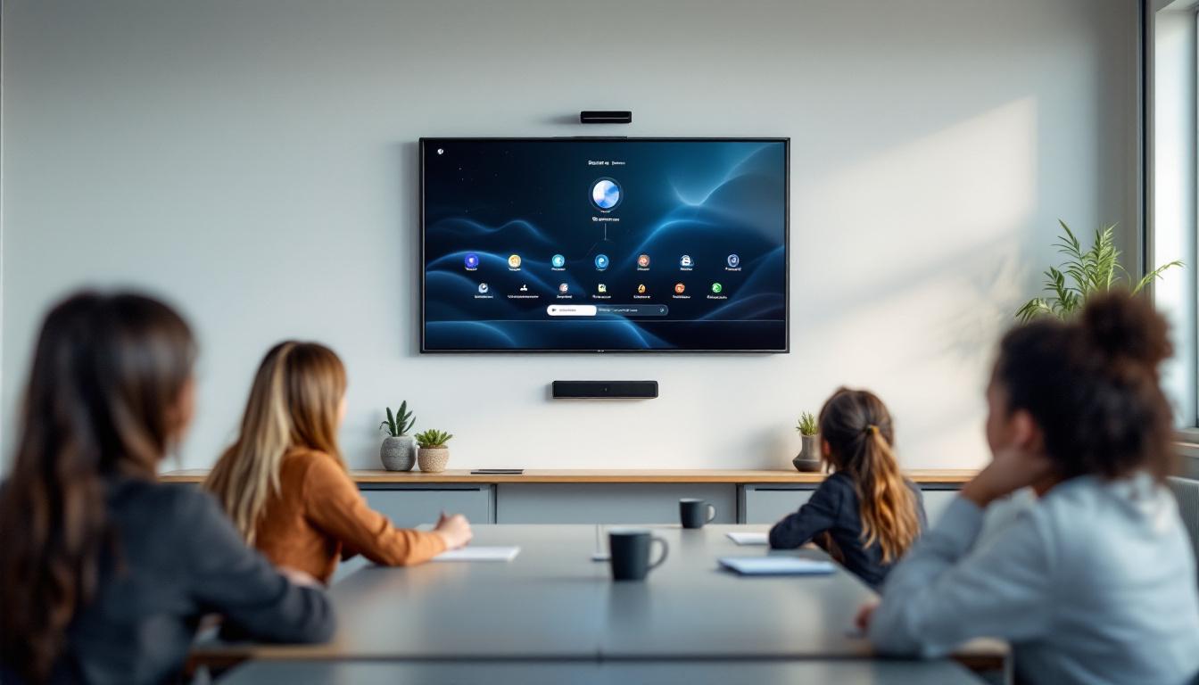 A photograph of a modern classroom setting featuring a smart touch screen tv prominently displayed on the wall