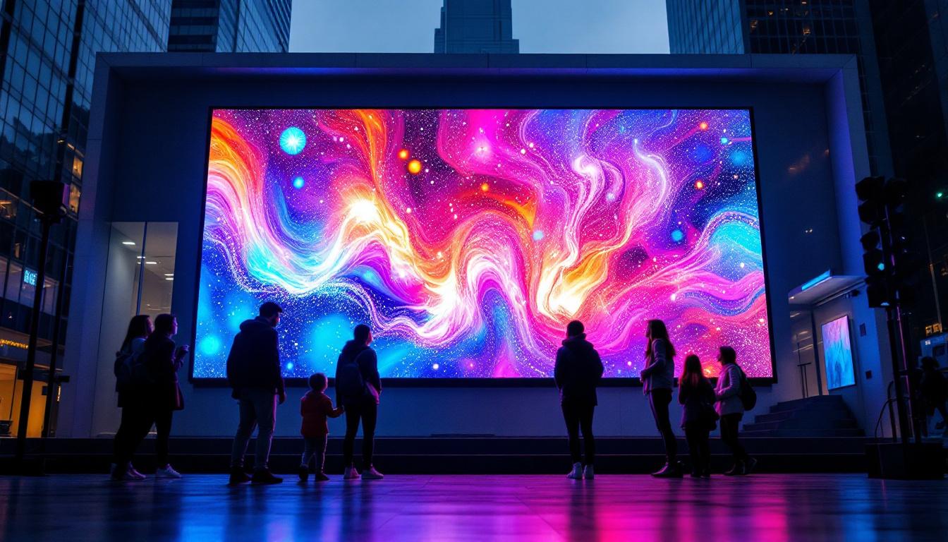 A photograph of a vibrant led display in an urban setting
