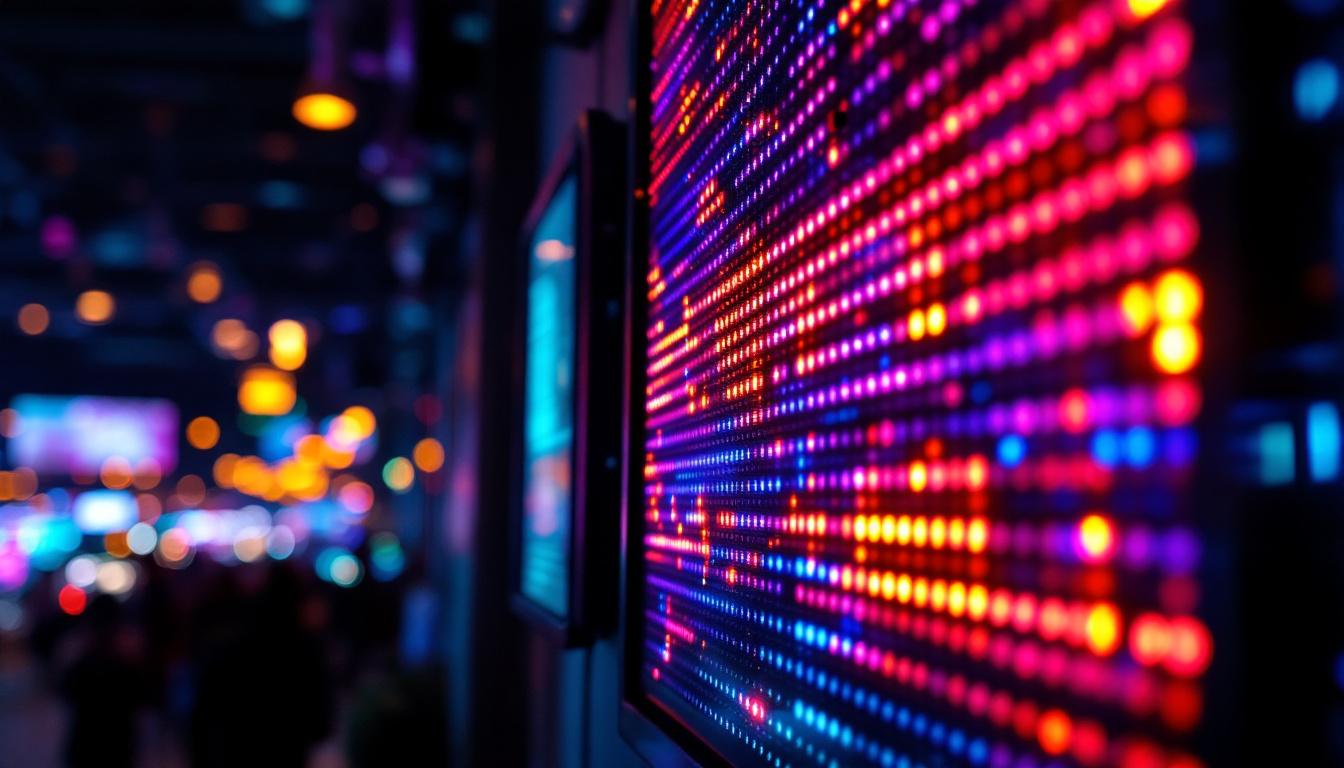 A photograph of a close-up shot of a vibrant led display in use