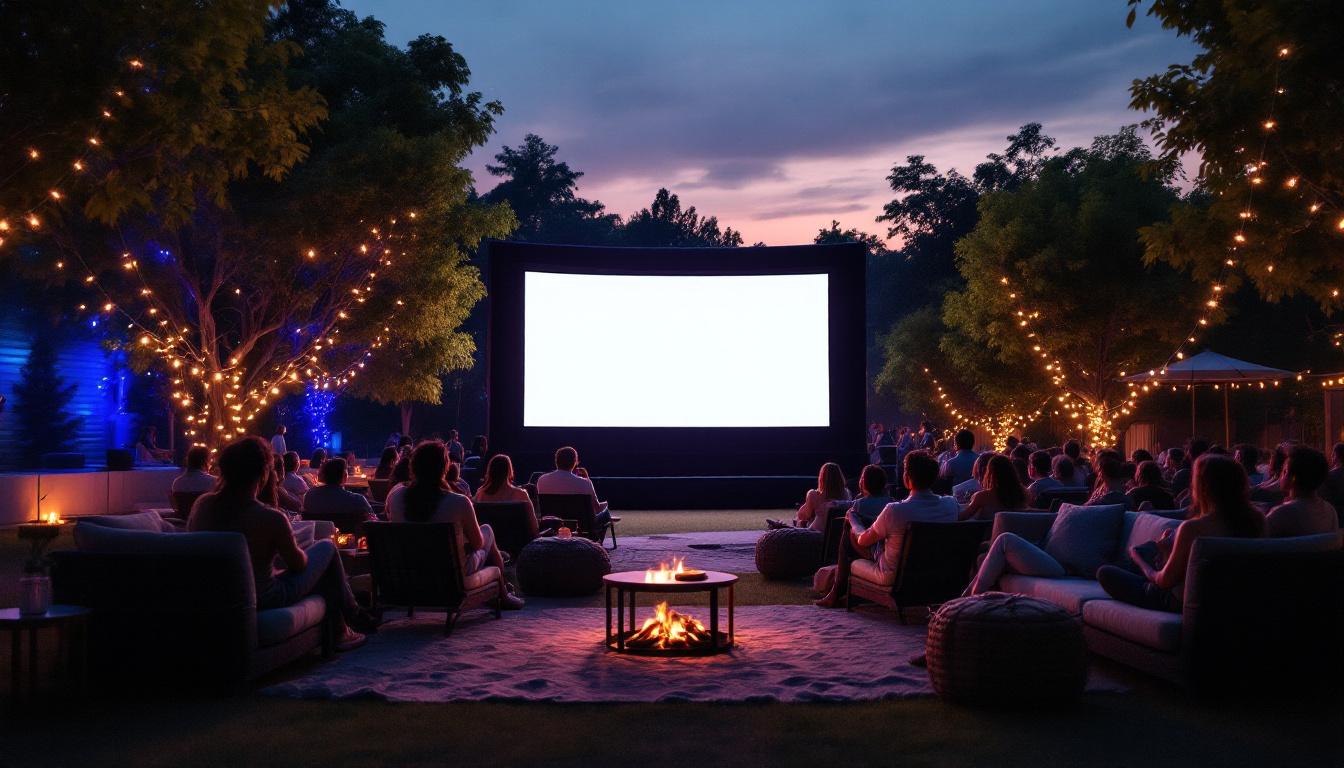 A photograph of a vibrant outdoor movie setup featuring a large led display screen