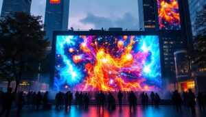 A photograph of a vibrant led display in an urban setting at dusk