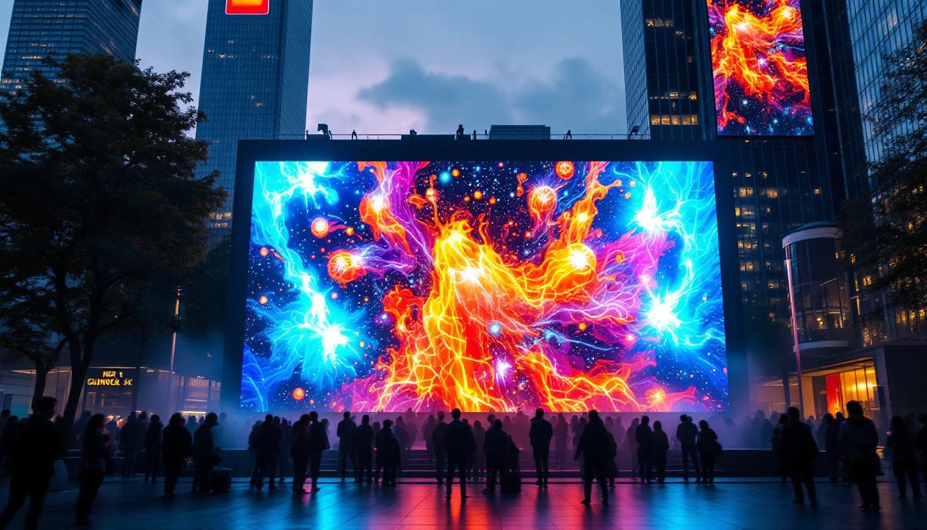 A photograph of a vibrant led display in an urban setting at dusk