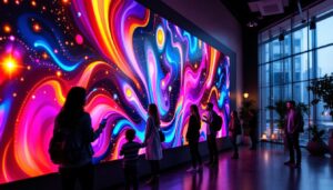 A photograph of a vibrant and dynamic led display in an interior setting