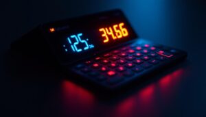 A photograph of a close-up of a diagonal screen calculator displaying vibrant led graphics