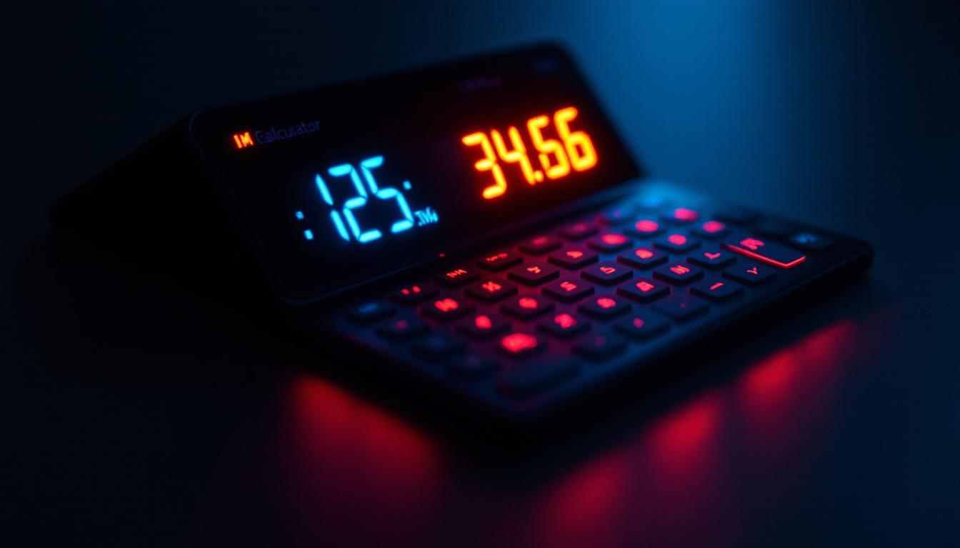 A photograph of a close-up of a diagonal screen calculator displaying vibrant led graphics