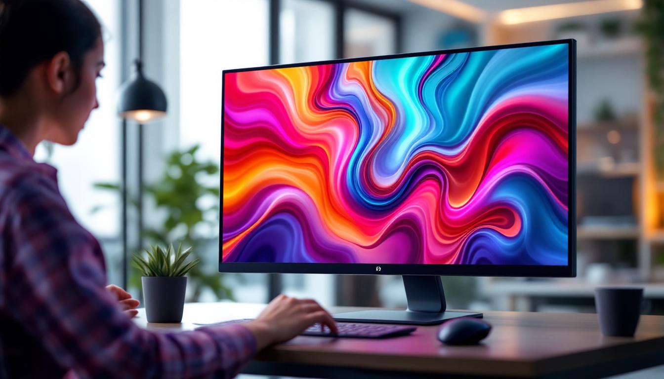 A photograph of a sleek all-in-one pc with a vibrant 32-inch touch screen display