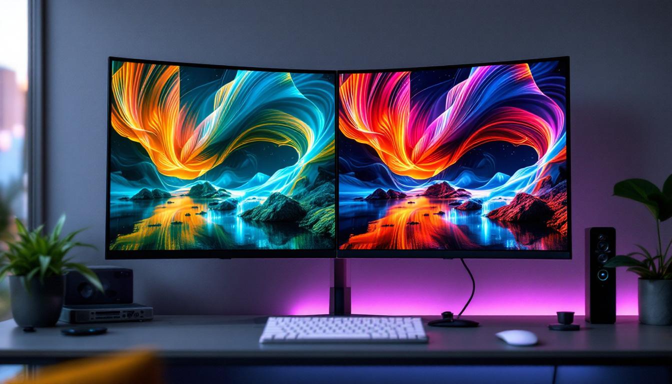 A photograph of a side-by-side comparison of a high-resolution led display connected via displayport and hdmi 2.1
