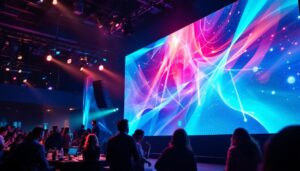 A photograph of a vibrant led display in an engaging event setting in los angeles