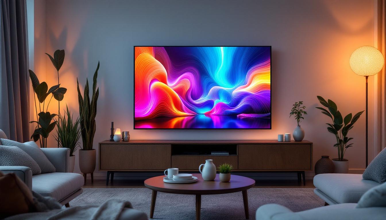 A photograph of a modern living room setup featuring a sleek touch screen led tv in use