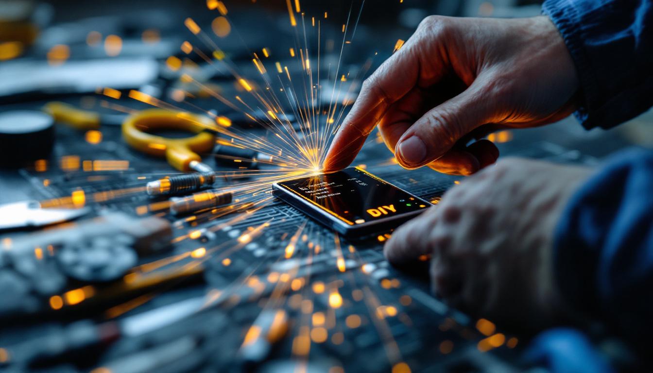 A photograph of a close-up of a technician repairing a screen door mesh