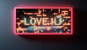 A photograph of a vibrant rectangular led display showcasing dynamic visuals or text