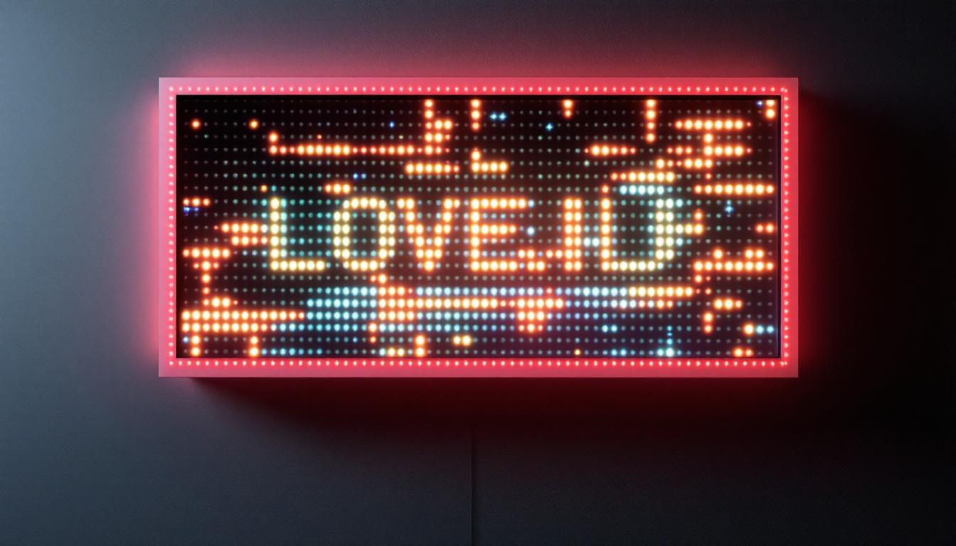 A photograph of a vibrant rectangular led display showcasing dynamic visuals or text