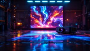 A photograph of a vibrant industrial setting showcasing an led projector in action