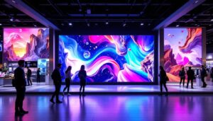 A photograph of a vibrant and engaging department store display wall featuring an led screen