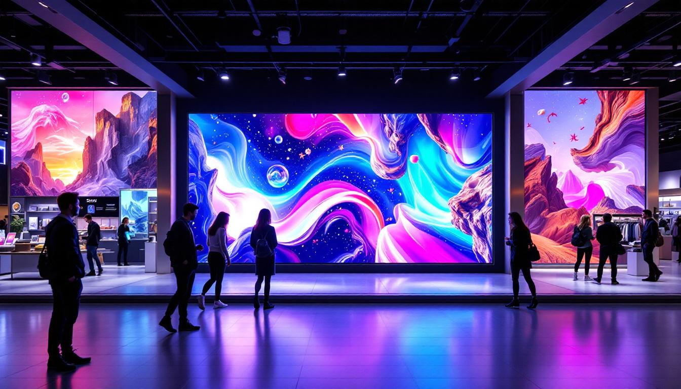 A photograph of a vibrant and engaging department store display wall featuring an led screen