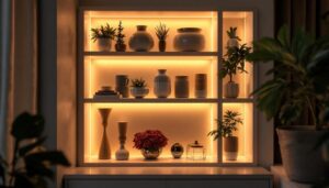 A photograph of a stylish small corner display cabinet featuring led lighting