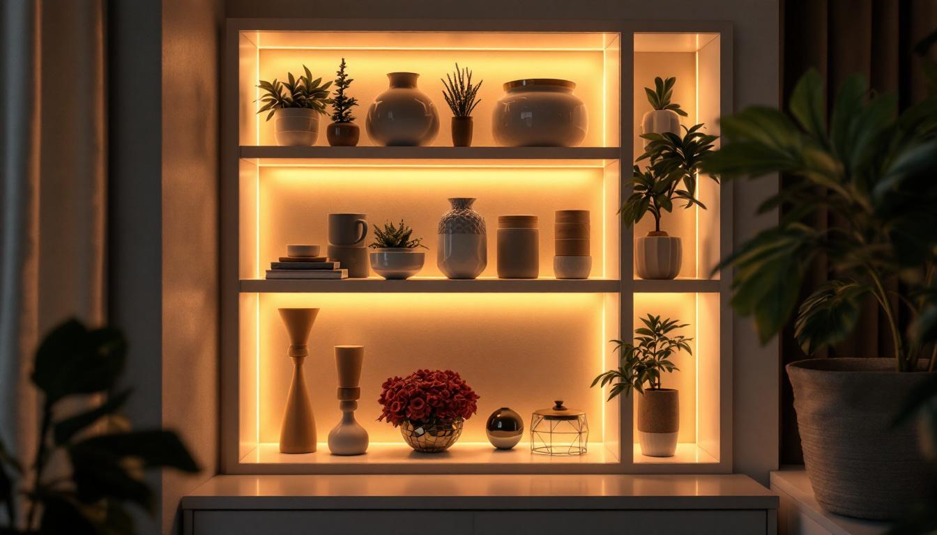 A photograph of a stylish small corner display cabinet featuring led lighting