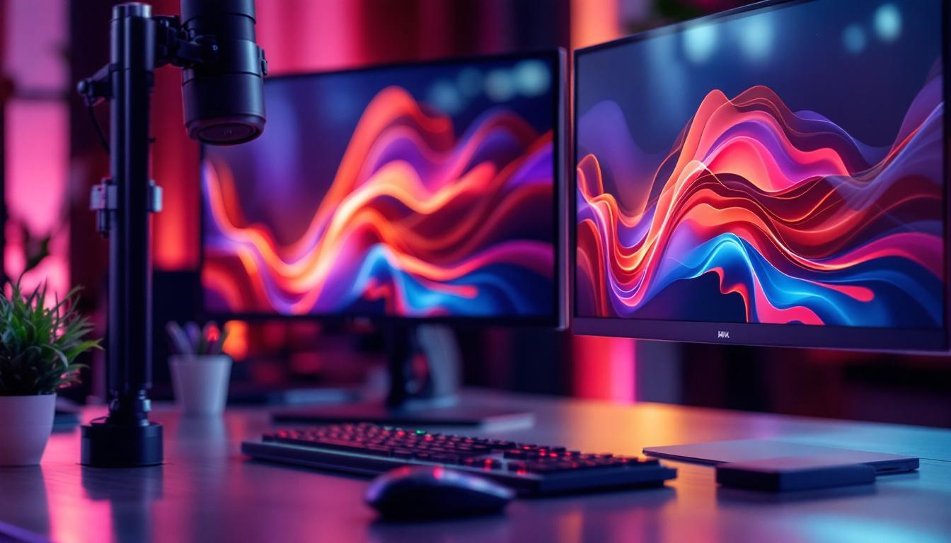 A photograph of a sleek dual monitor setup on a modern desk